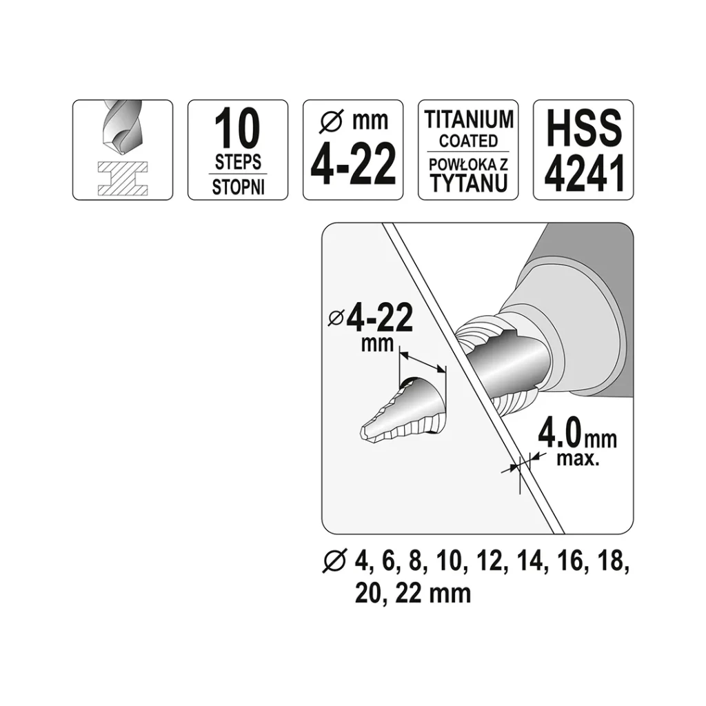Burghiu în trepte pentru metal 4 - 22 mm oțel hss cilindric yato 3