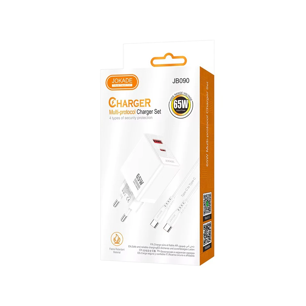 Jokade wall charger 1*type-c+1*usb-a with cable type-c to type-c 65w max jb090, white 2