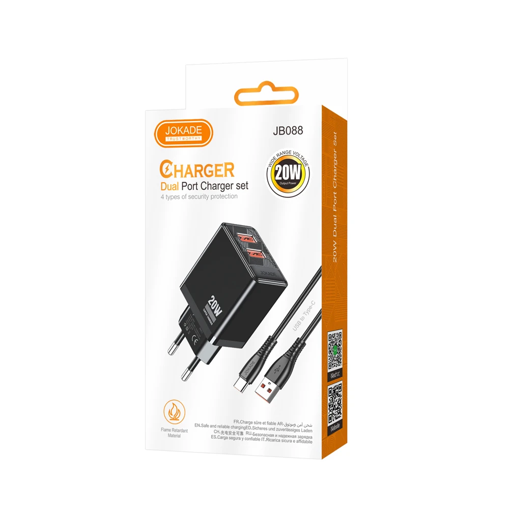 Сетевое зарядное устройство jokade 2*usb-a 5a, 20w с кабелем type-c jb088, черное 2