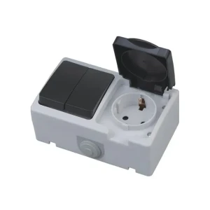 Întrerupător dublu + priză cu capac 112100000501 atom 16 a 250 v negru/gri horoz