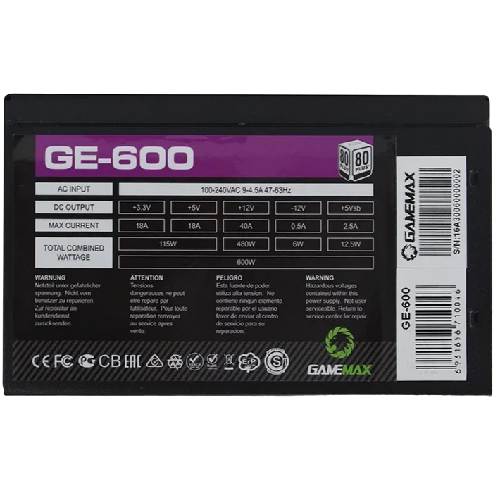 Блок питания для компьютеров gamemax ge-600, 600вт, atx, немодульный 10