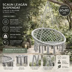 Scaun leagan suspendat 60x80cm gri, (wjx-10) Thumbnail 2