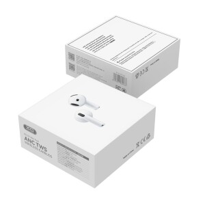 Наушники xo q7 anc pods 6-го поколения, полностью укомплектованные интеллектуальным контейнером для мелочей (с беспроводной зарядкой и функцией определения наличия в ухе), белые.