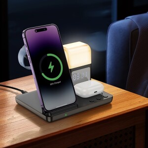 Hoco cq9 crown — încărcător wireless rapid 3-în-1 cu lumină de noapte și ceas Thumbnail 2